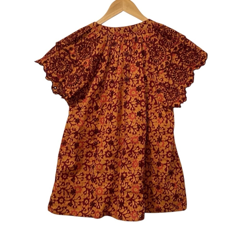 Jennifer & Grace Womens Eyelet Flutter Sleeve Split Neck Blouse Sz Medium Orange - Picture 2 of 7
